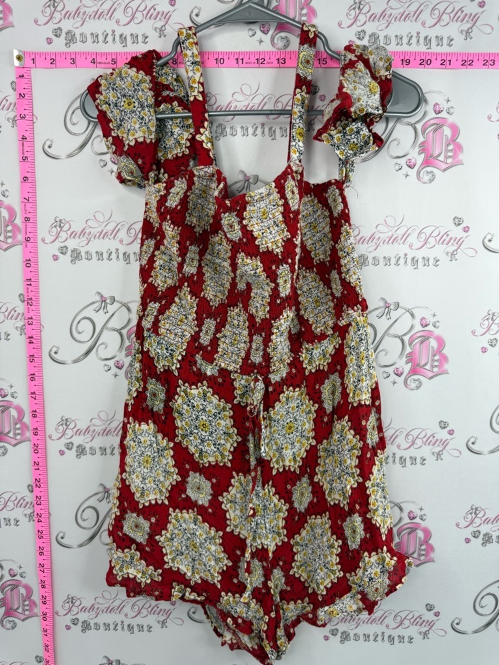 Band of Gypsies romper shorts paisley Red Floral Romper with Ruffle Straps